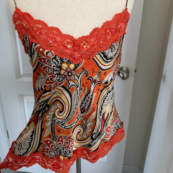 Y2K New York & Co Silk Paisley Cami Top Size XL Orange Beaded Lace Sequins Fairy - Picture 10 of 10